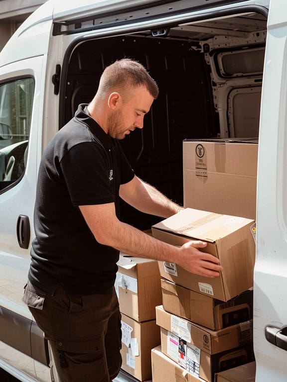 man wearing black polo shirt loading a box inside a white van