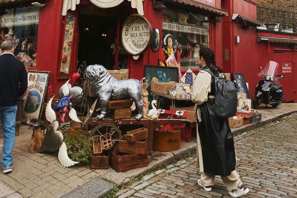 In front of an antique shop