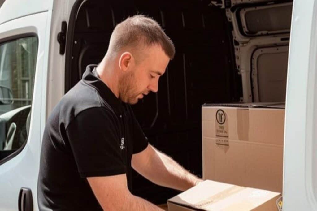 A man in black polo shirt loading boxes into the white van in the concept of 'how to get a quote for a man and van service in Ilford'.