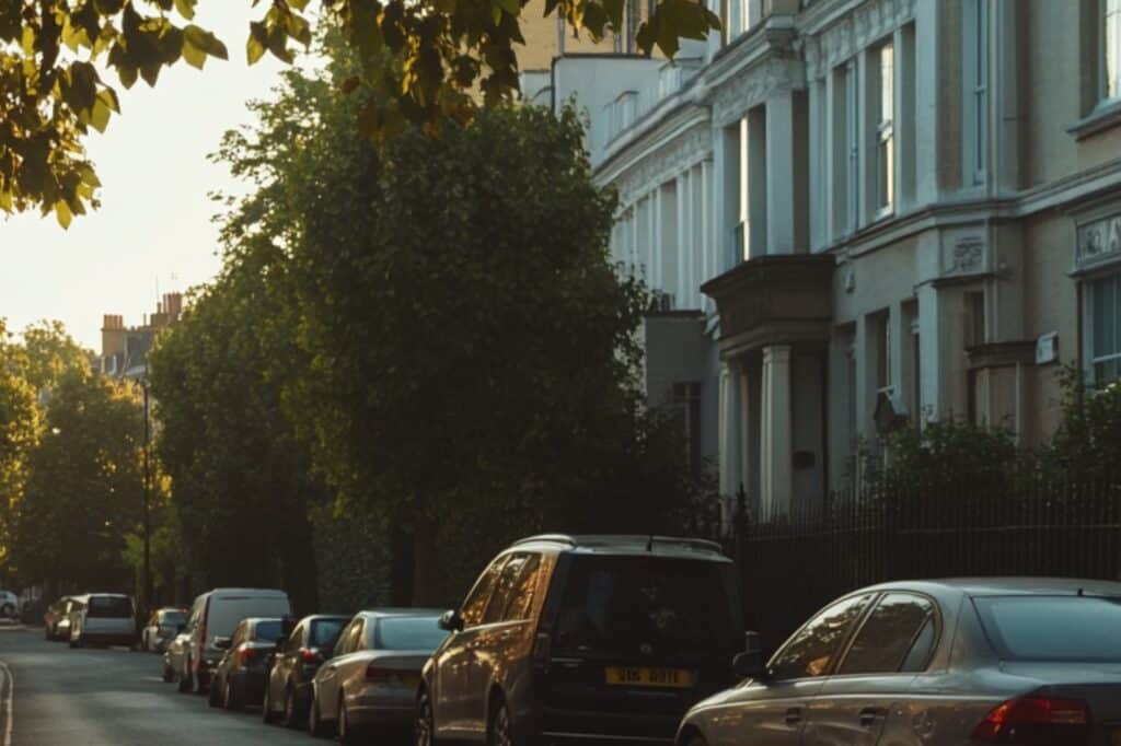 Parking space outside a row of traditional British townhouses