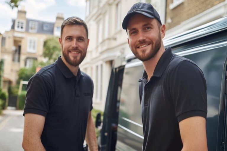 A man and van crew wearing black polo shirt ready for the house move in the concept of 'How to Ensure an Efficient Move with a Man and Van Service'.