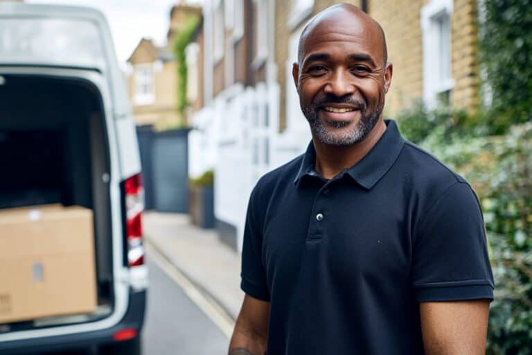 A man with a van outside a townhouse before the move in the concept of 'advantages of using a man and van service'.